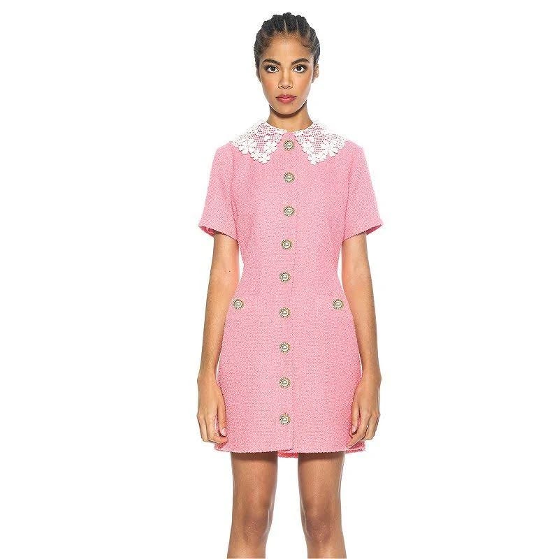 Elegant Short Sleeve Button Up Dress in Pink Tweed Material | Image