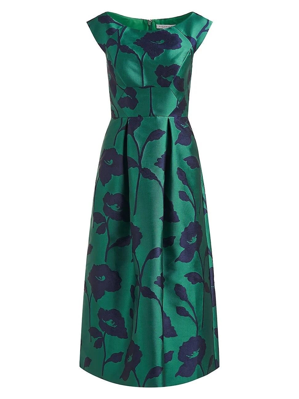 Floral Jacquard Midi-Dress in Shimmering Emerald Navy | Image