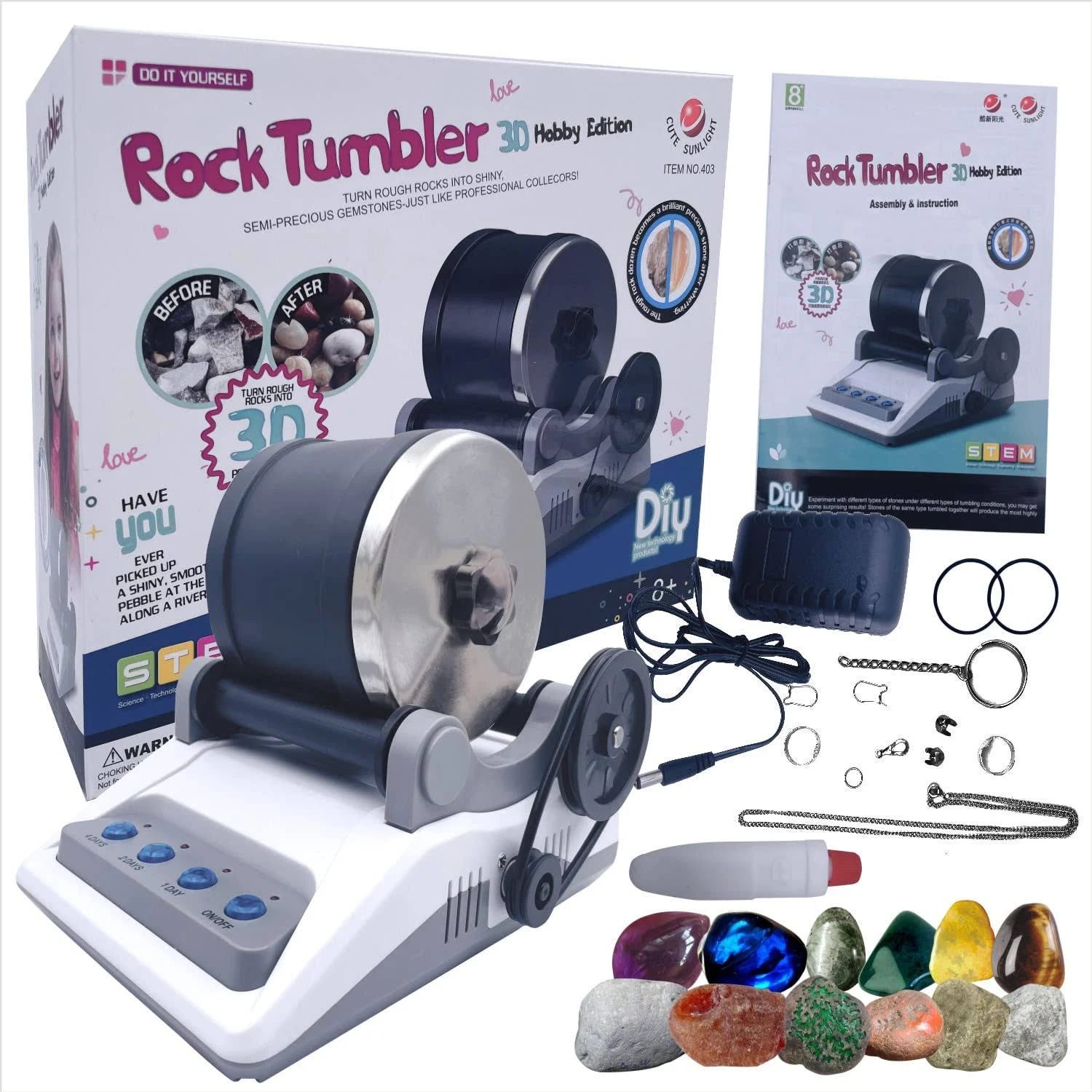 Waitahug Rock Polisher Tumbler Kit - Versatile Rough Stone Kit with Polishing Sands and Jewelry Fasteners | Image