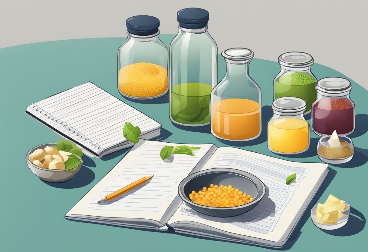 A table with various ingredient containers and a notebook for analysis