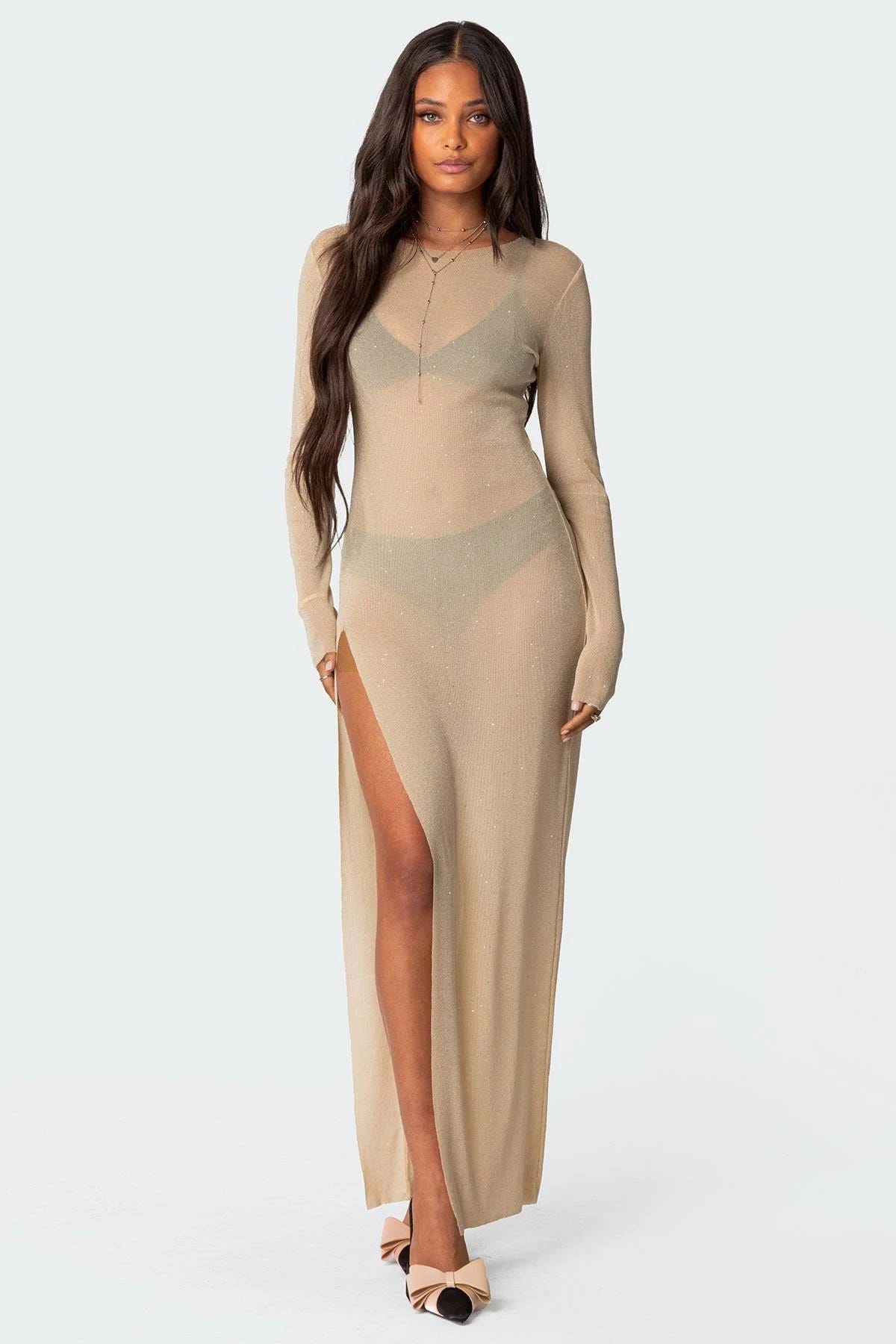 Gauzy Glitter Mesh Maxi Dress with Side Slit | Image