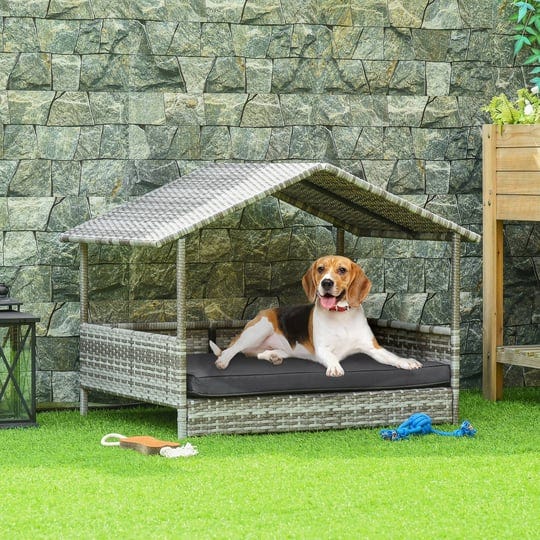 pawhut-wicker-dog-house-raised-rattan-bed-for-indoor-outdoor-with-cushion-lounge-grey-1