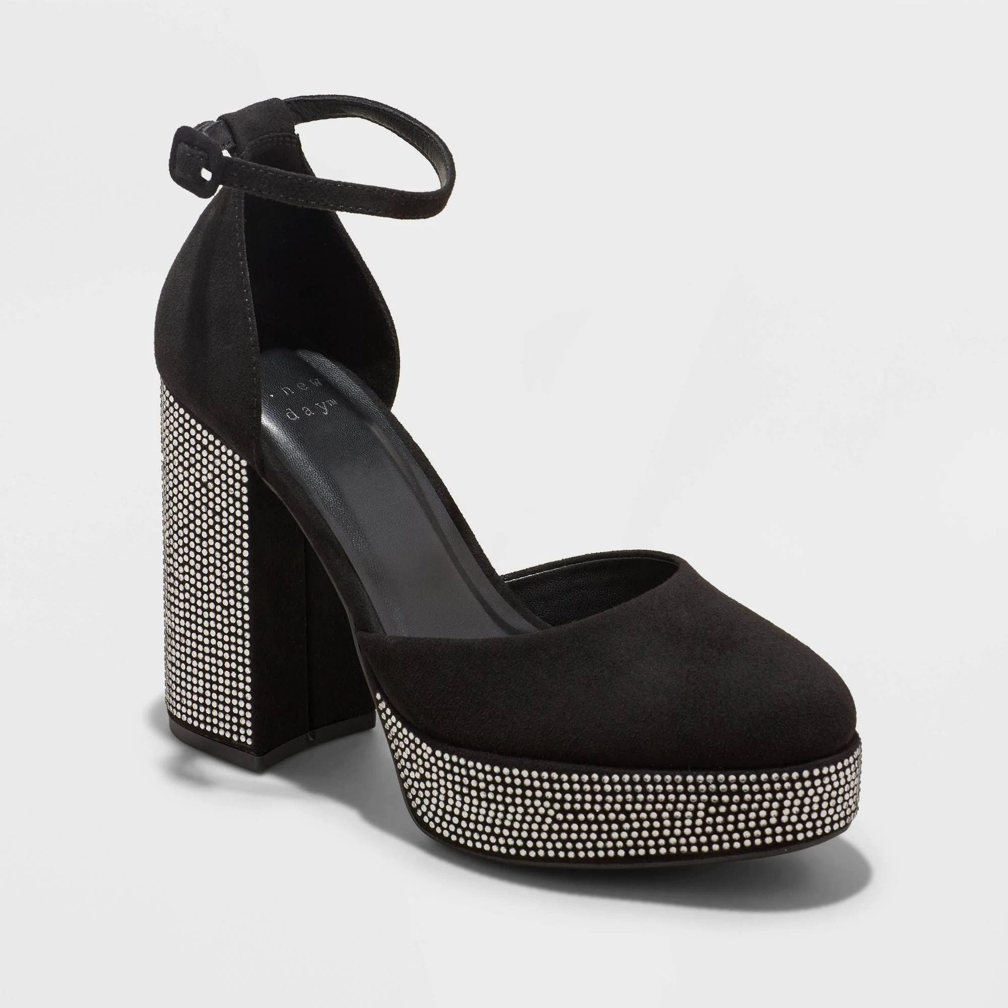 Sparkly Black Rhinestone Platform Heels for Party Wear | Image