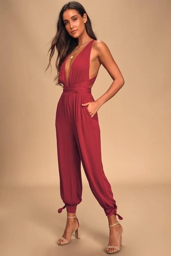 Stylish Red Convertible Halter Jumpsuit from Lulus - True to Size, Fits Hips and Elastic Waist | Image