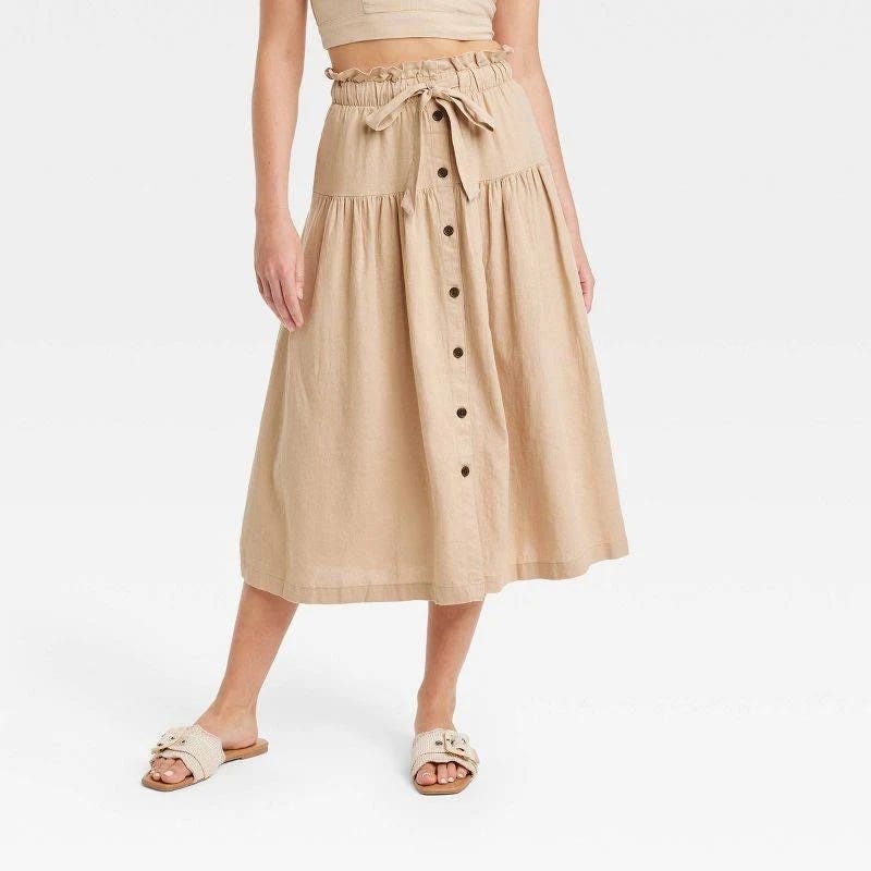 Universal Thread Tie-Waist Midi Skirt: Stylish Brown High-Rise Skirt with Lightweight Fabric and Comfortable Elastic Waist | Image
