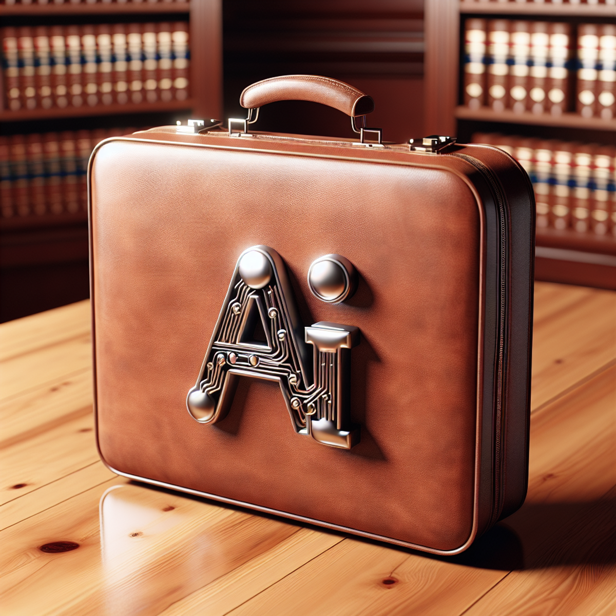 A traditional brown leather briefcase on its side with a shiny metallic AI symbol on the side.