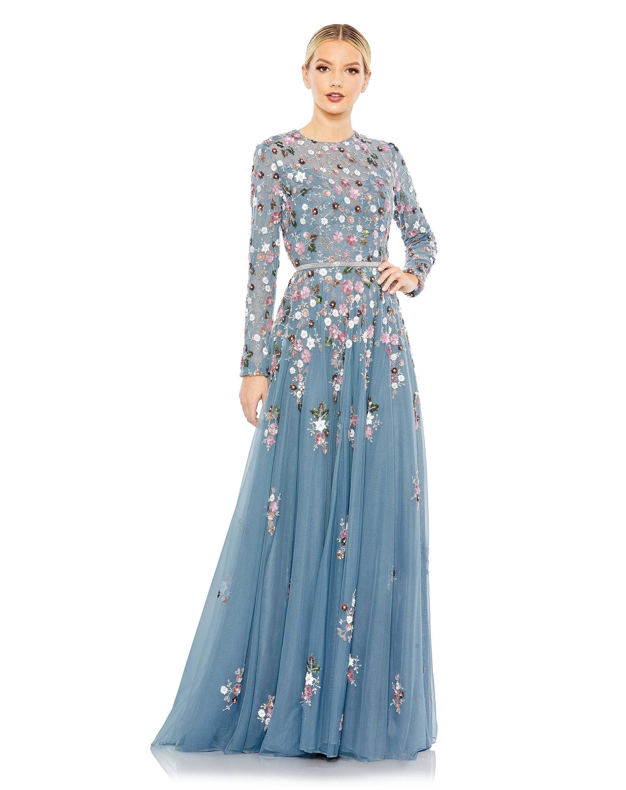 Slate Blue Sequined A-line Long Sleeve High Neck Gown | Image