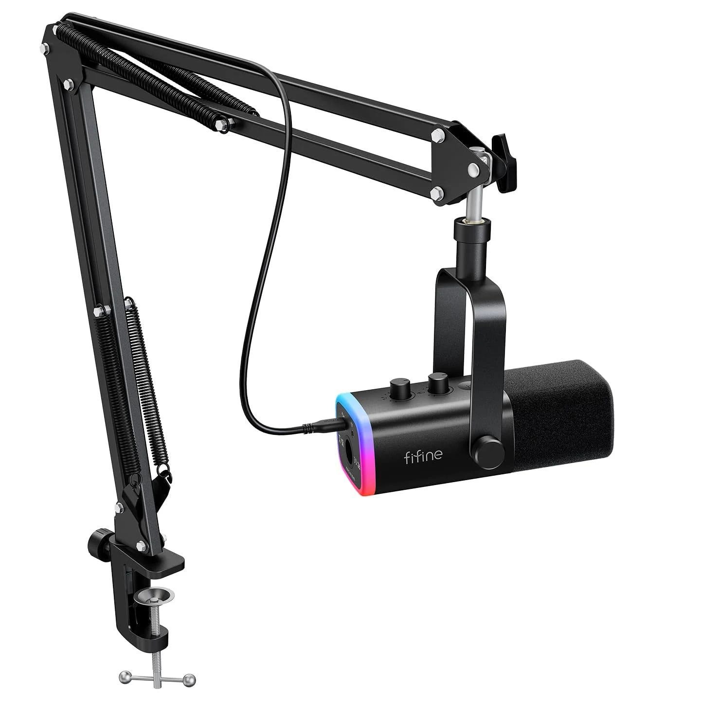 FIFINE XLR/USB Gaming Microphone with RGB Lighting and Boom Arm | Image