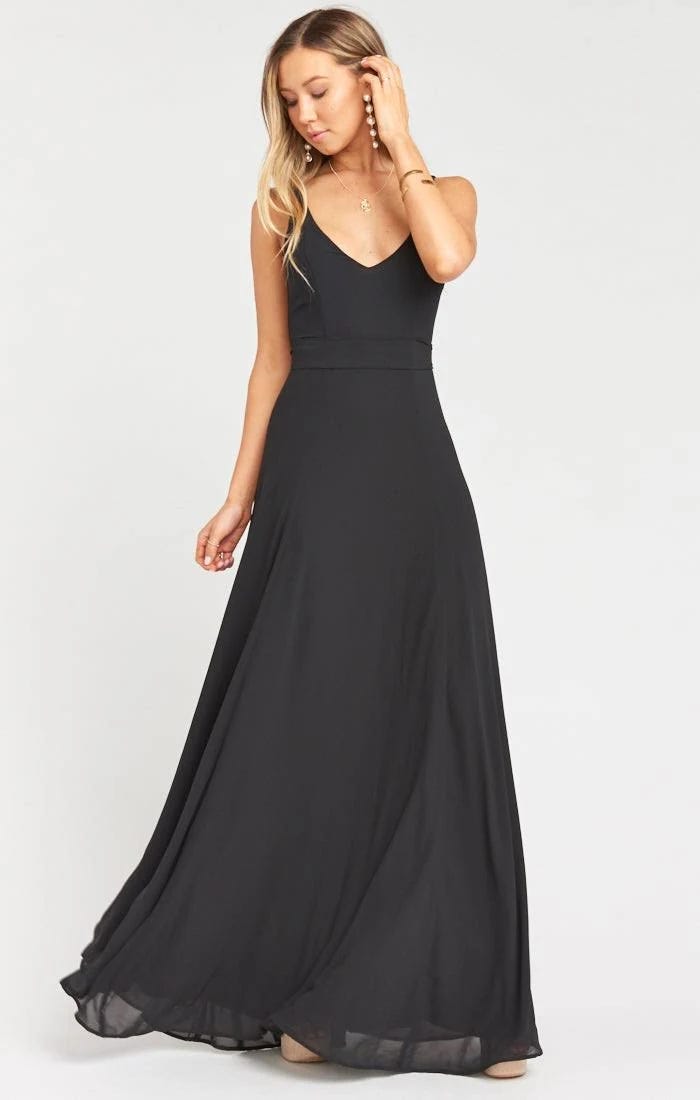 Beautiful Long-Sleeve Black Bridesmaid Dress with Deep V-Neck | Image