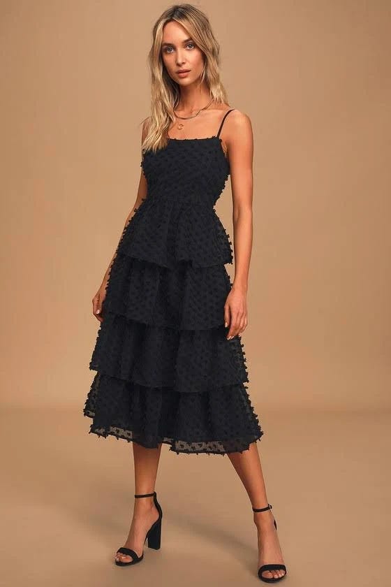 Black Mid-Length Tiered Pom Pom Dress by Lulus | Image