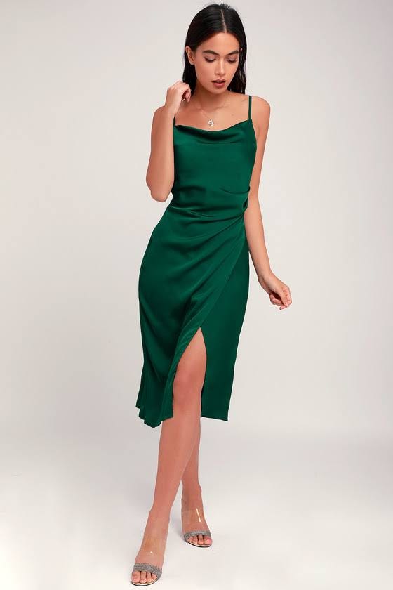 Lulus Hollywood Woman Satin Midi Dress with Hidden Zipper & Spaghetti Straps | Image