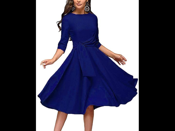 fenjar-womens-elegance-audrey-hepburn-style-ruched-3-4-sleeve-midi-a-line-dress-blue-large-1