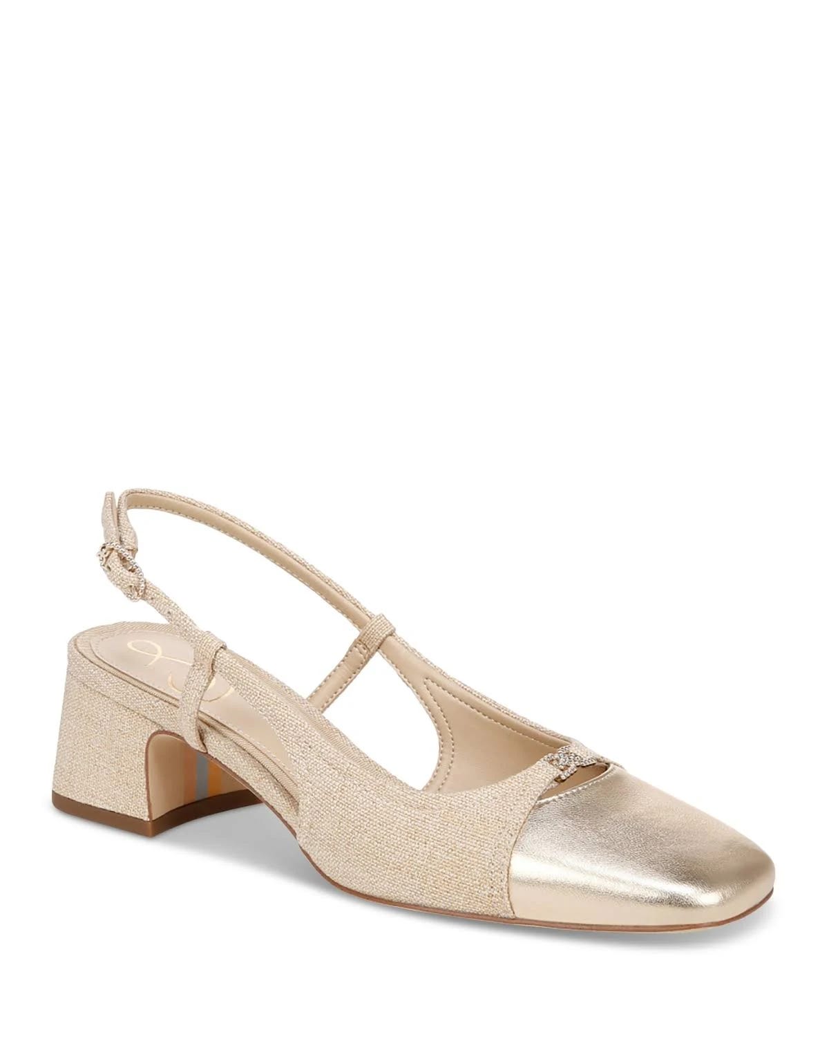 Elegant Linen/Gold Leaf Slingback Pumps | Image