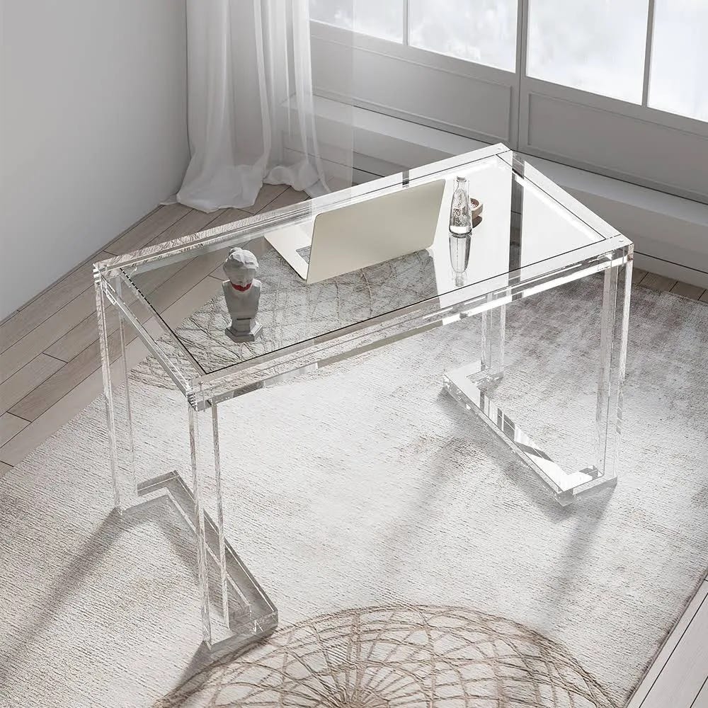 Glossy Modern Clear Tempered Glass Writing Desk | Image