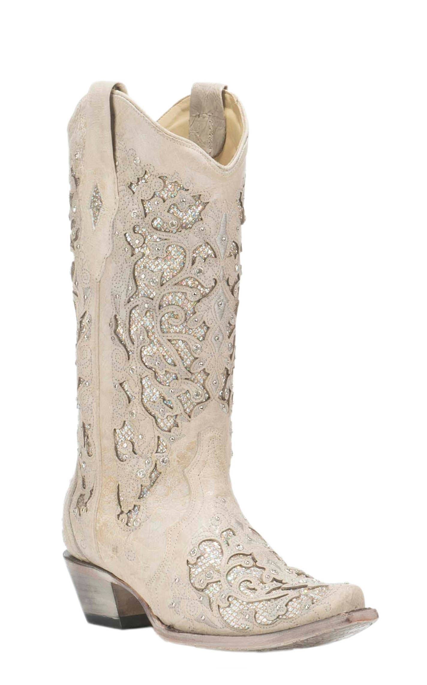 Corral Women's Glitter Inlay and Crystals Country Boots: White, Snip Toe, and Versatile Sizing | Image