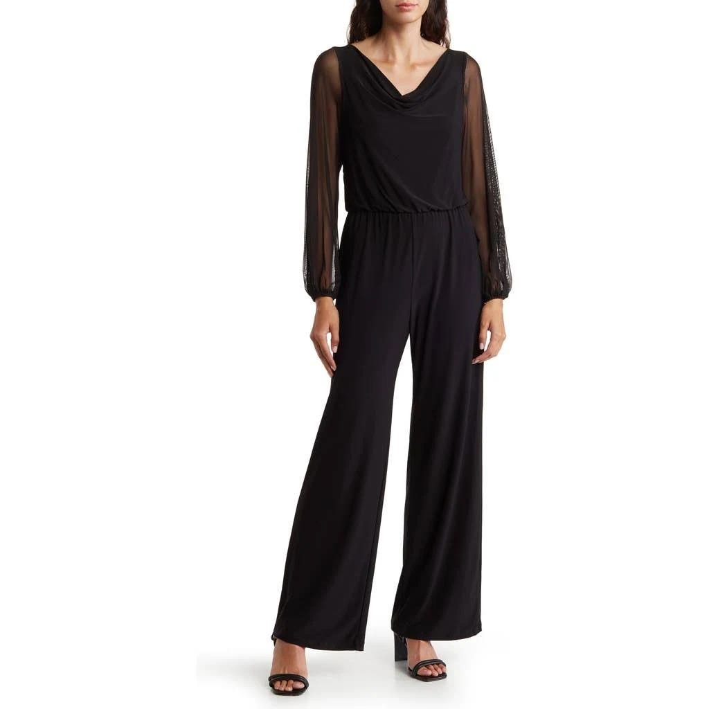 Black Cowl Neck Jumpsuit with Mesh Sleeves | Image