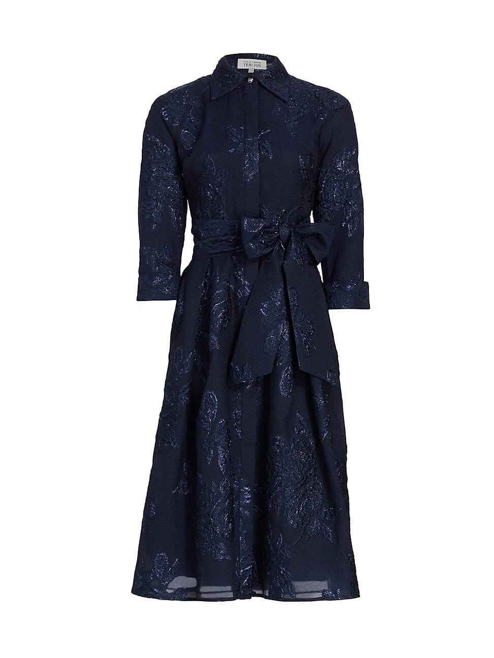 Stylish Navy Metallic Shirtdress with Floral Print | Image