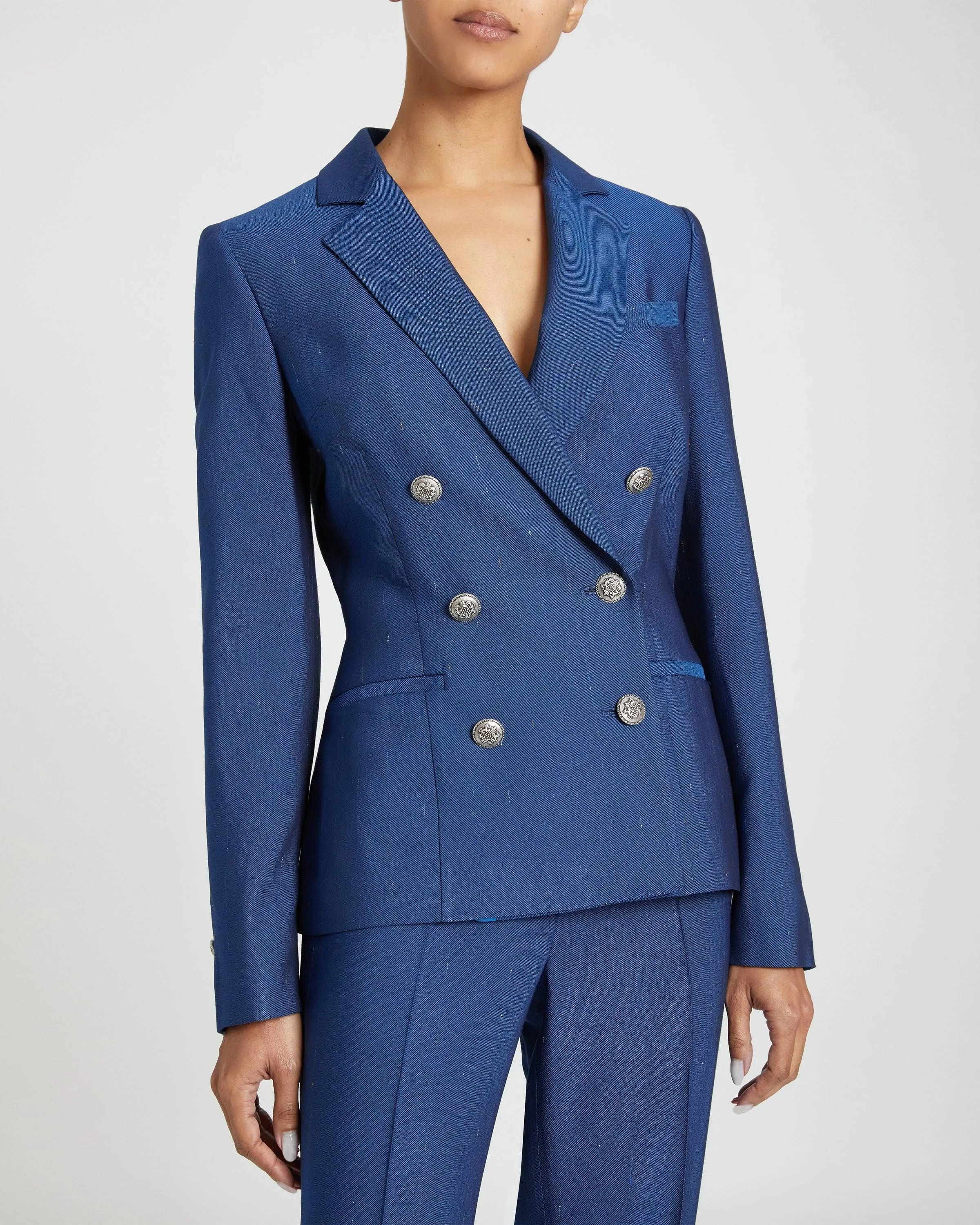 Royal Blue Striped Double-Breasted Blazer for Women | Image