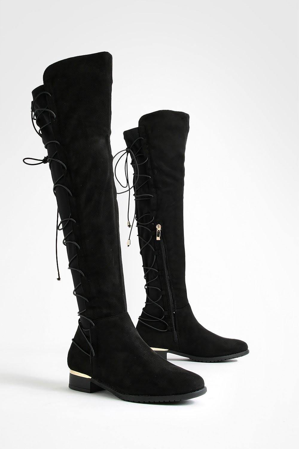 Stylish Black Lace Bungee Knee High Boots | Image