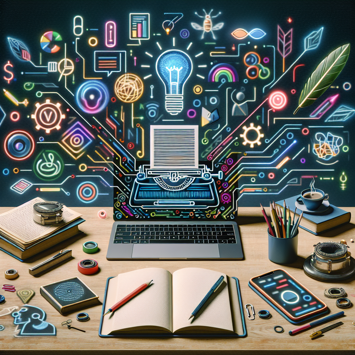 A cluttered desk with a laptop surrounded by colorful, modern AI tools and abstract symbols representing writing elements like grammar and SEO.