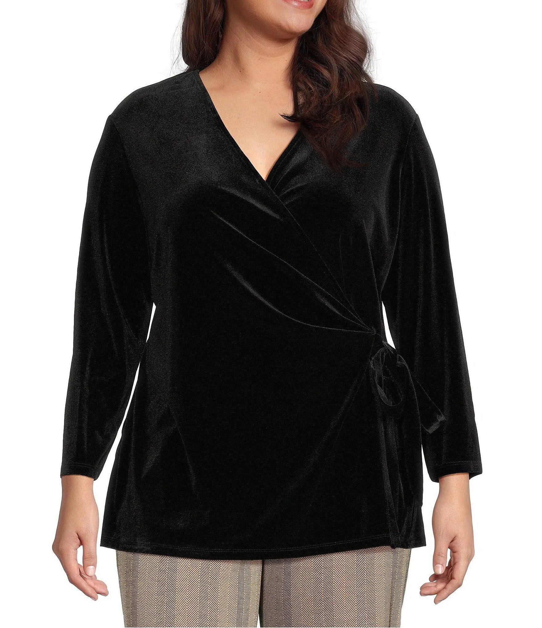 Anne Klein Stretch Velvet Wrap Top in Black - Size 1x | Image