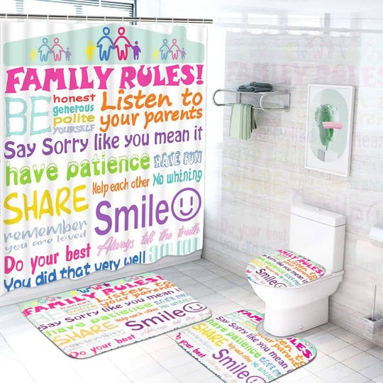 4pcs-family-rules-shower-curtain-set-with-non-slip-rugs-toilet-lid-cover-and-bath-mat-kids-education-1