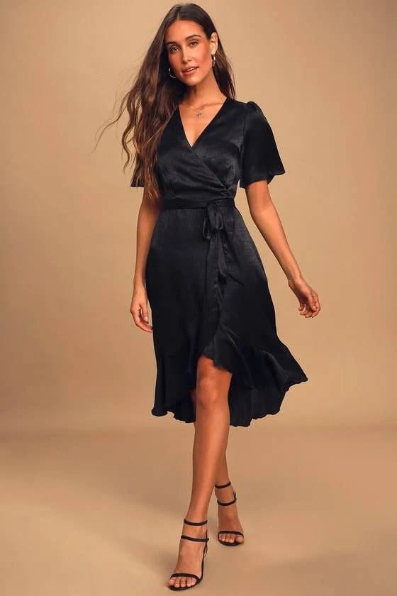 Seductive Black Satin Midi Dress with Faux Wrap Design | Image