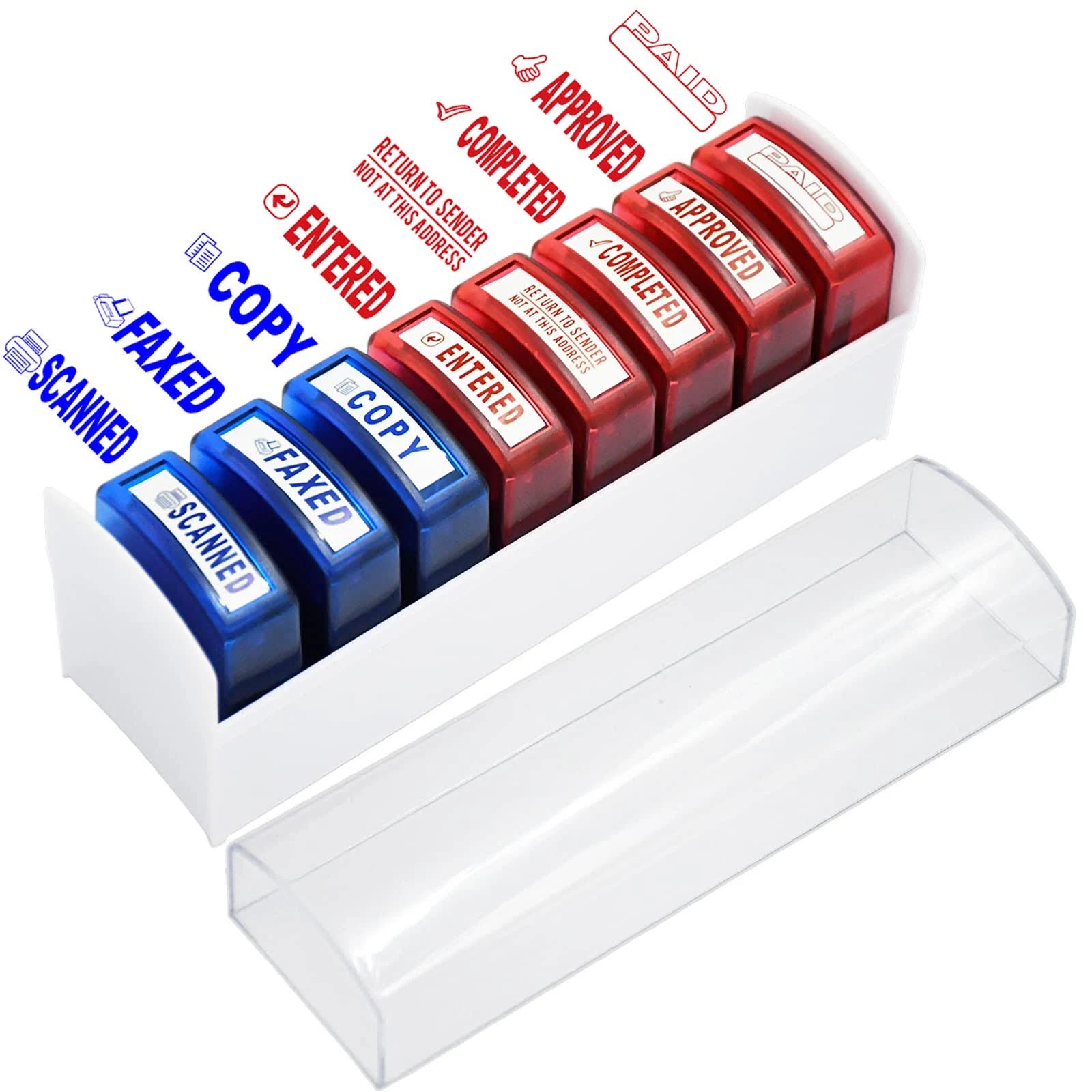 Rubber Business Stamp Set with 8 Pre-Inked Office Stamps (Red and Blue Ink) and Storage Tray | Image