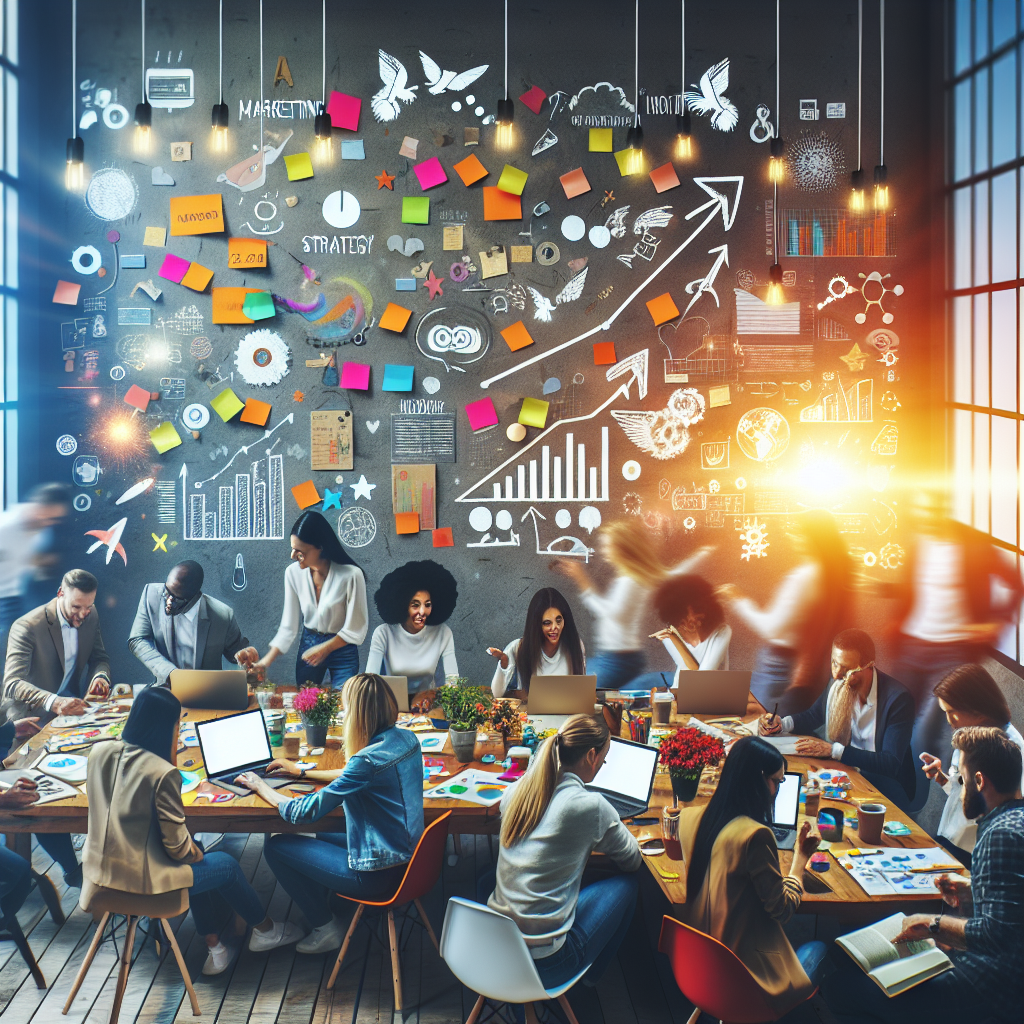 A high quality image appealing to a marketing audience. It should portray a dynamic environment filled with positive energy, creativity, and innovation. The image should include a group of diverse people engaged in energetic brainstorming around a table that is scattered with strategy papers, laptops, coffee cups, and vibrant sticky notes. Walls surrounding the room should be filled with positive affirmations and charts indicating growth and progress. Natural light from a large window should create a lively and productive atmosphere.