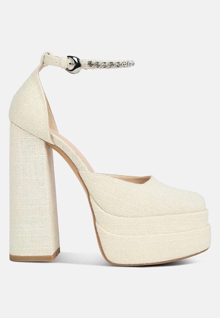 Stylish Diamante Embellished Knit Ankle Strap High Block Heel White Sandals | Image