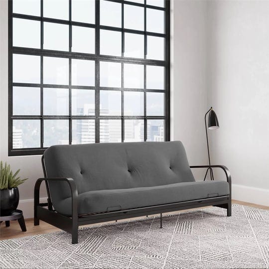 dhp-cleo-black-metal-arm-full-size-futon-frame-with-6-gray-mattress-1