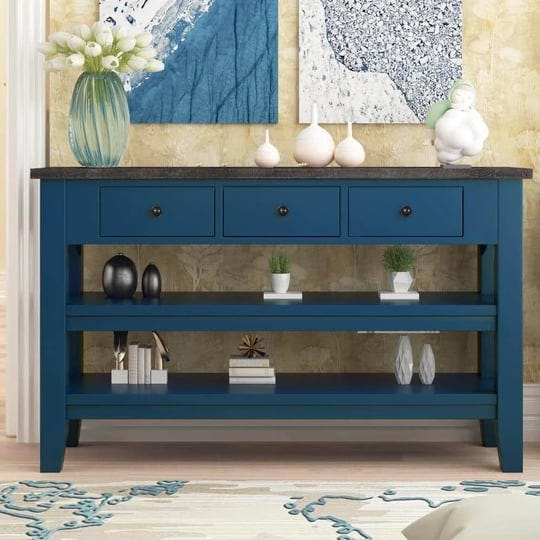 aoibox-48-in-blue-rectangle-solid-wood-top-pine-console-table-modern-sofa-table-with-3-drawers-and-3
