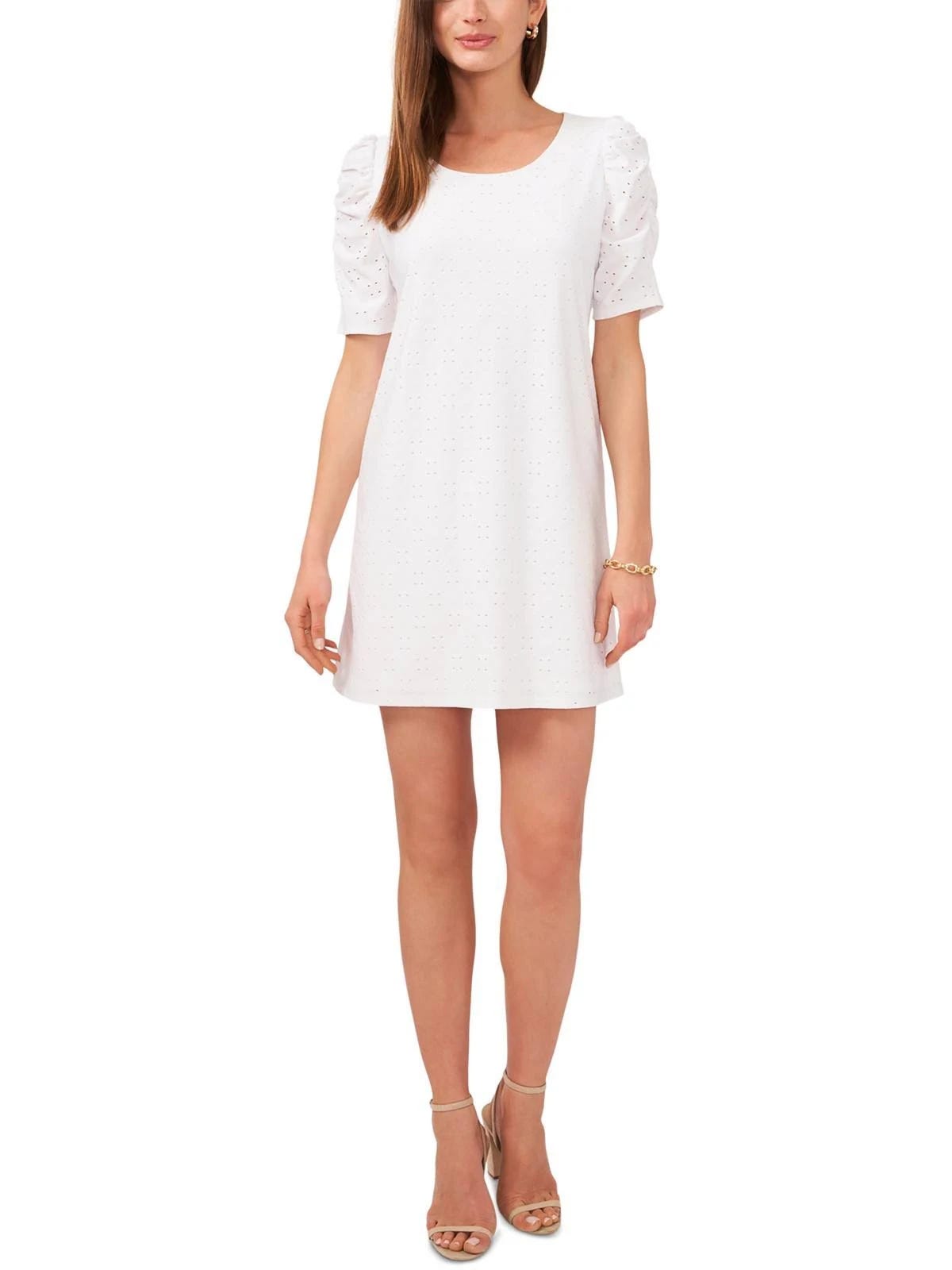 Fashionable White Eyelet Puff Sleeve Shift Dress | Image