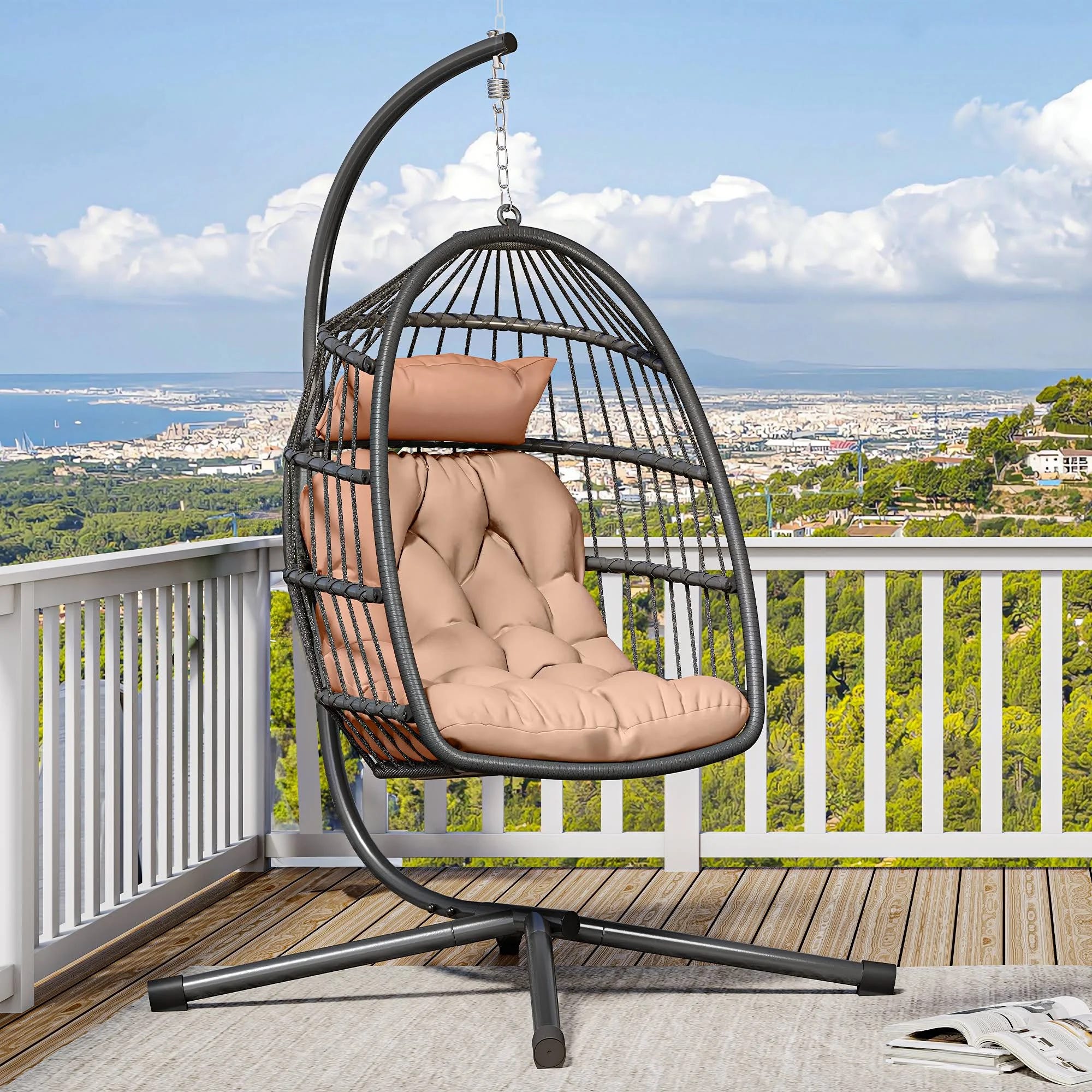 Wicker Hanging Egg Chair Patio Swing with Cushion & Stand | Image