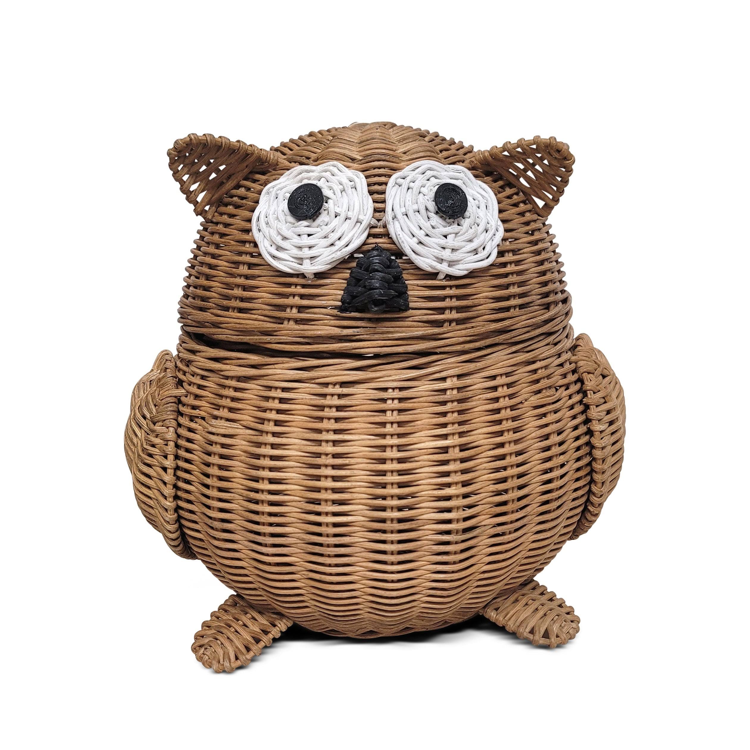 Handwoven Rattan Owl Storage Basket with Removable Lid | Image