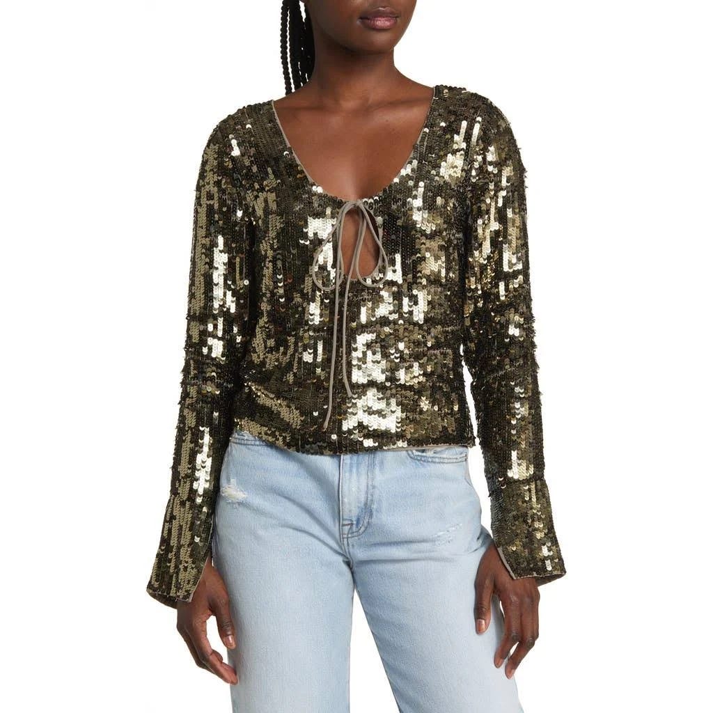 Shimmering Green Long Sleeve Sequin Top with Tie Detail for Women | Image