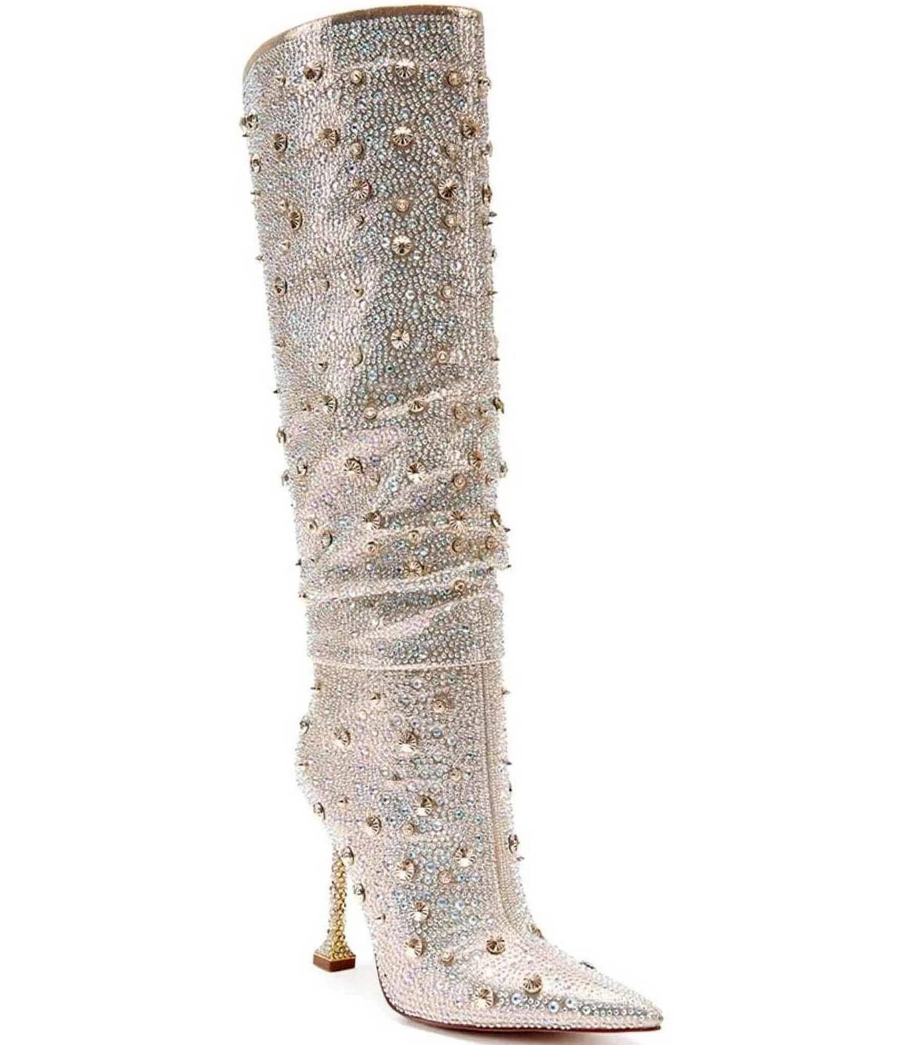 Crystal Rhinestone Studded Stiletto Knee High Boots in Gold | Image