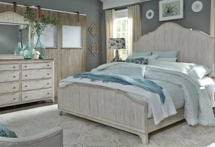 Luxury Modern Farmhouse Queen Bed, Dresser & Mirror Set - Antique White with Distressing & Chestnut Tops | Image