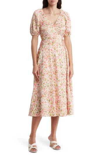 V-Neckline Wrap Floral Midi Dress for Women | Image