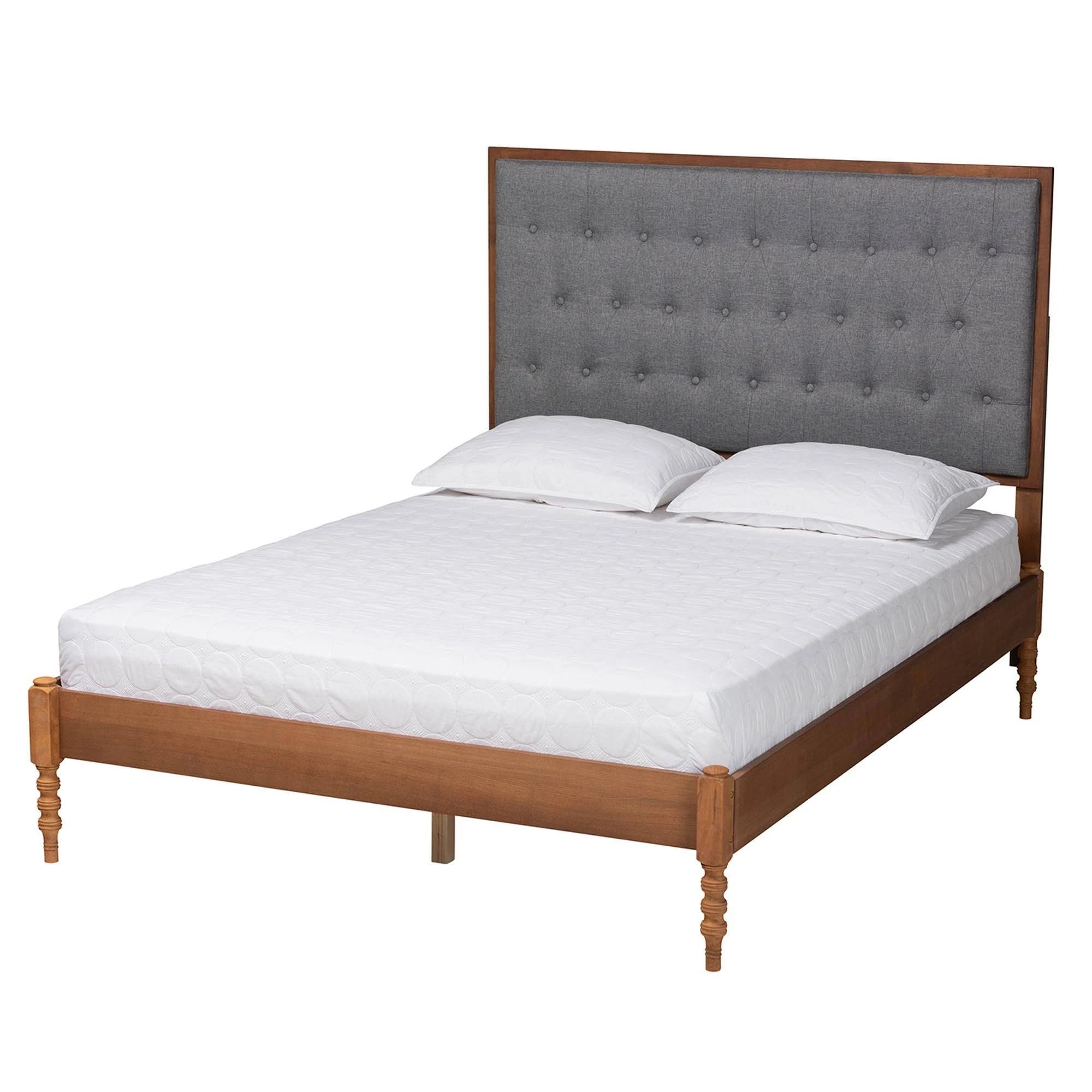 Stylish Grey & Walnut Queen Upholstered Platform Bed by Baxton Studio | Image
