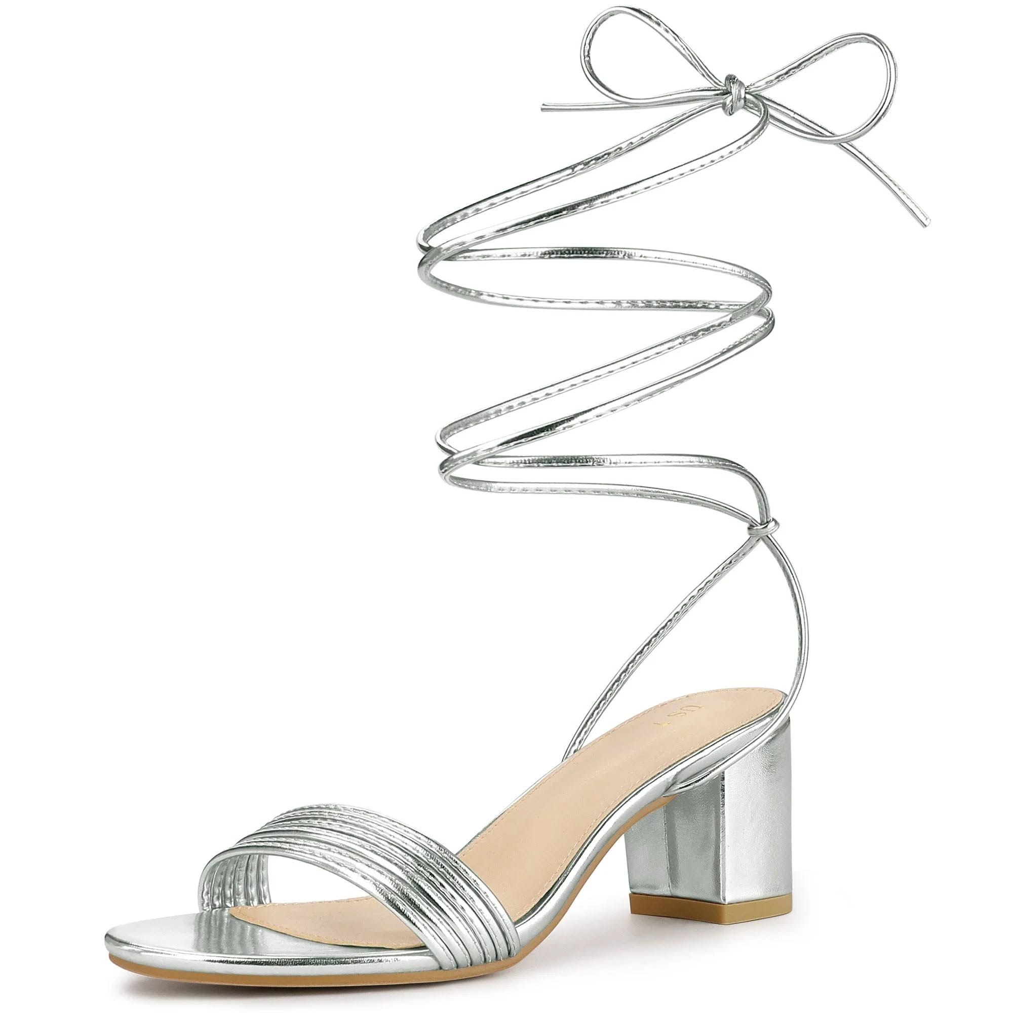 Shimmering Strappy Block Heel Sandals in Silver | Image