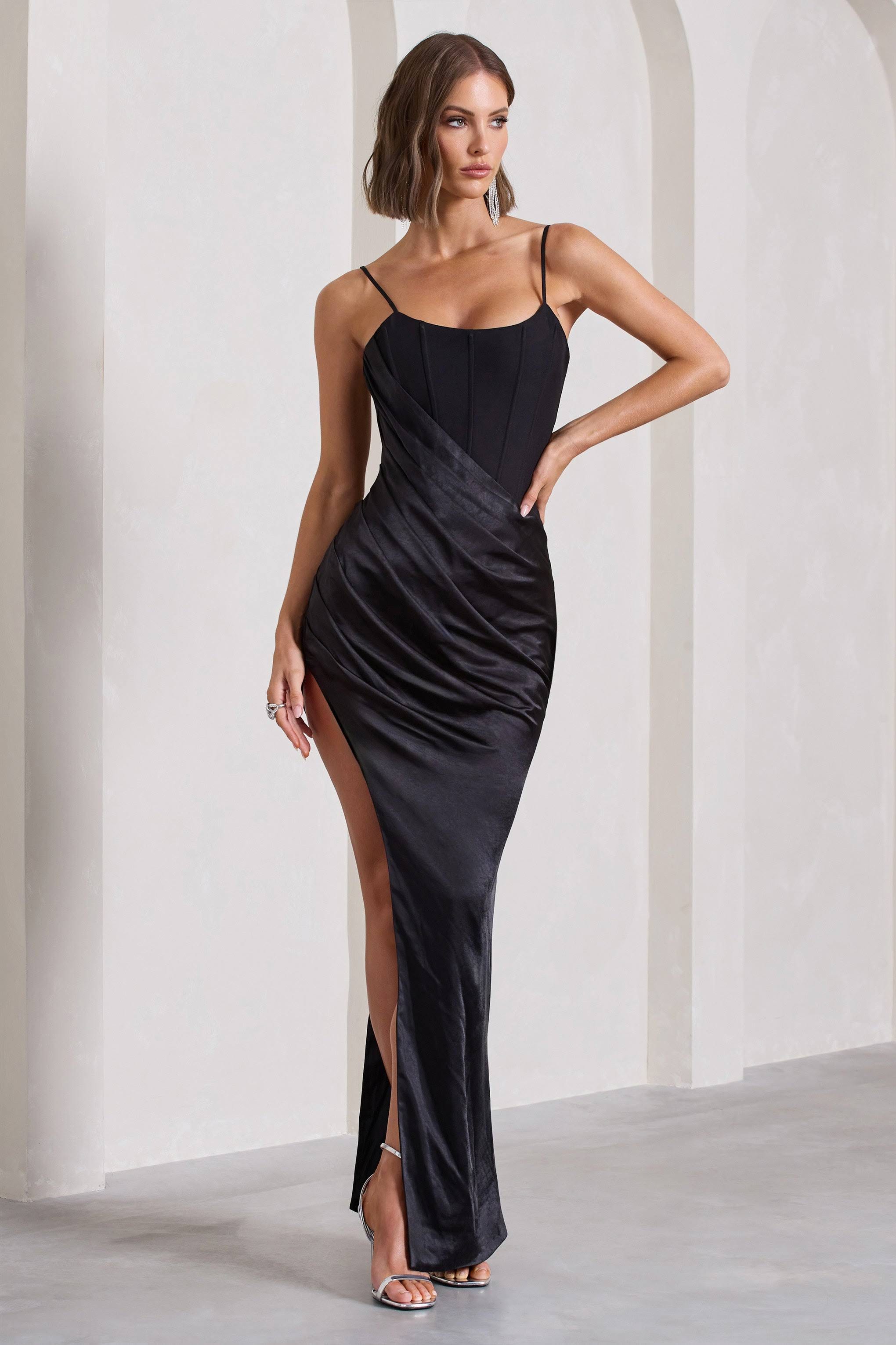 Striking Maxi Dress with High-Leg Split and Boned Corset Bodice | Image