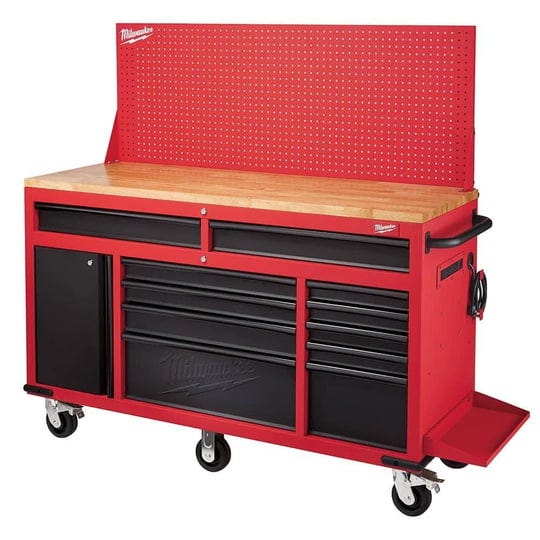 milwaukee-61-in-11-drawer-1-door-22-in-d-mobile-workbench-with-sliding-pegboard-back-wall-in-red-bla-1