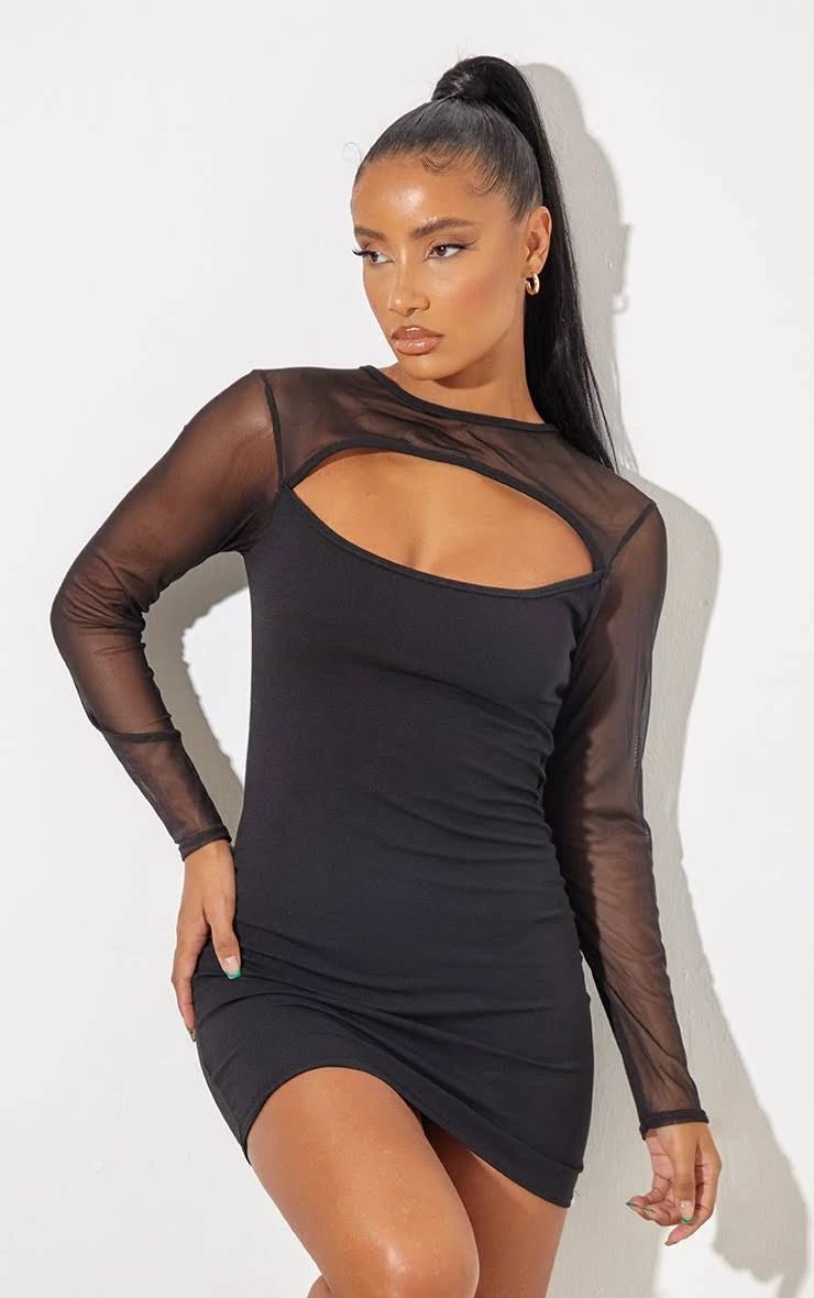 Chic Black Long Sleeve Mesh Cut Out Bodycon Dress | Image