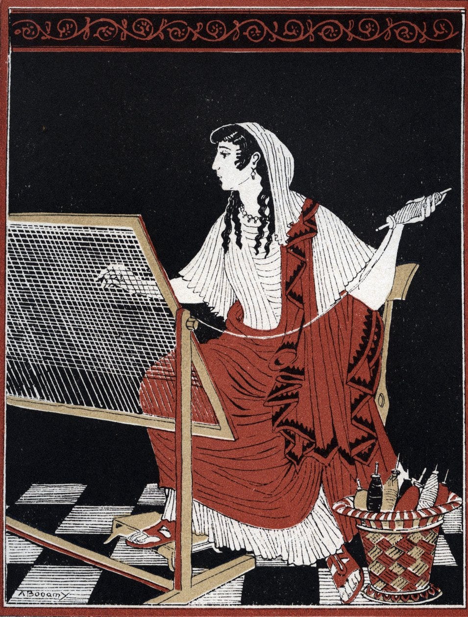 (Odyssee d’Homere: Penelope, Odyssey of Homer: Penelope constantly undoing and redoing its tapestry on her loom while she waits for the return of Odysseus) Illustration by Andre Bonamy (1880–1943) in “Le retour d’Ulysse” by Jean Baptiste Coissac)