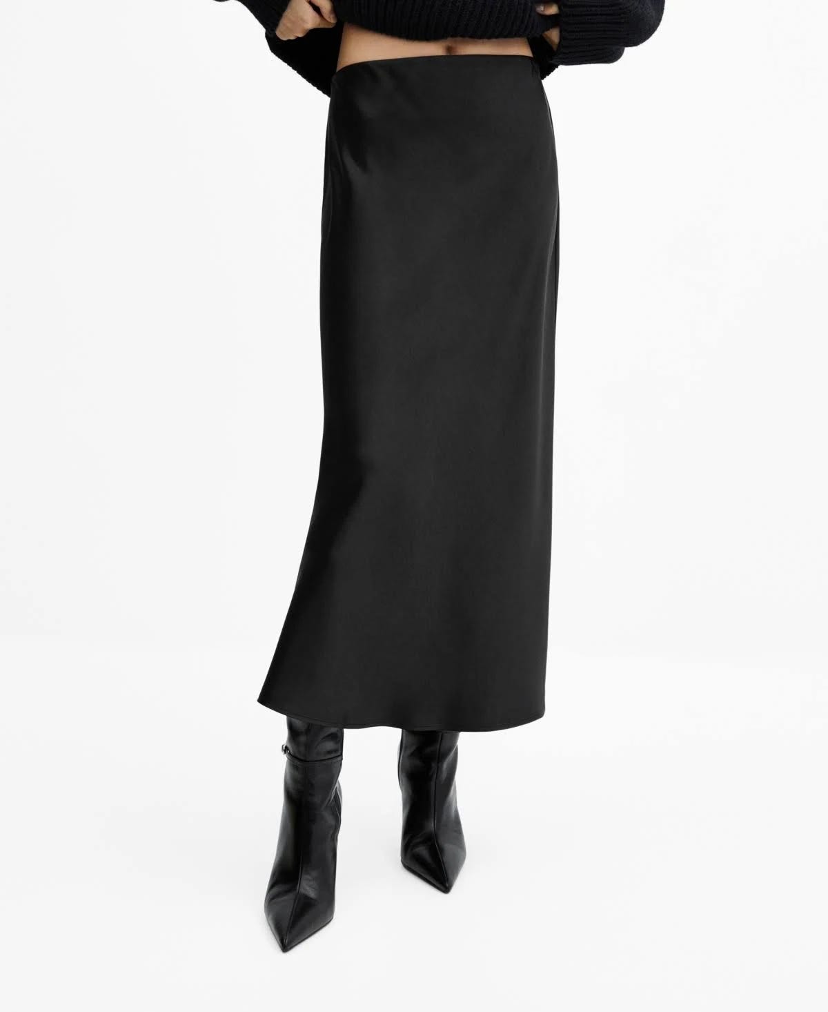 Mango Black Satin Midi Skirt for Women - Stylish Party Attire | Image