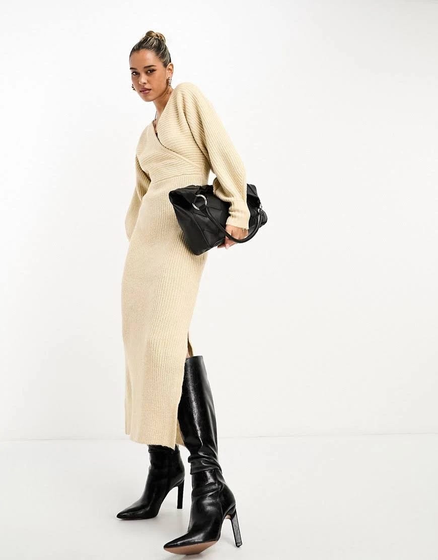 Comfy beige wrap maxi dress for ladies | Image