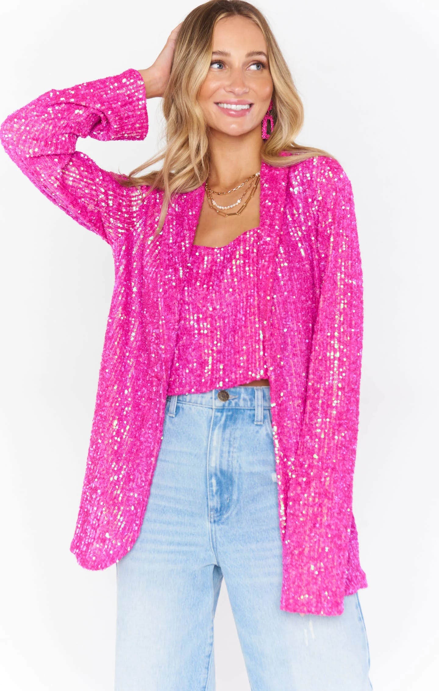 Show Me Your Mumu Dance Blazer - Pink, Disco Sequin, Drapey Style | Image