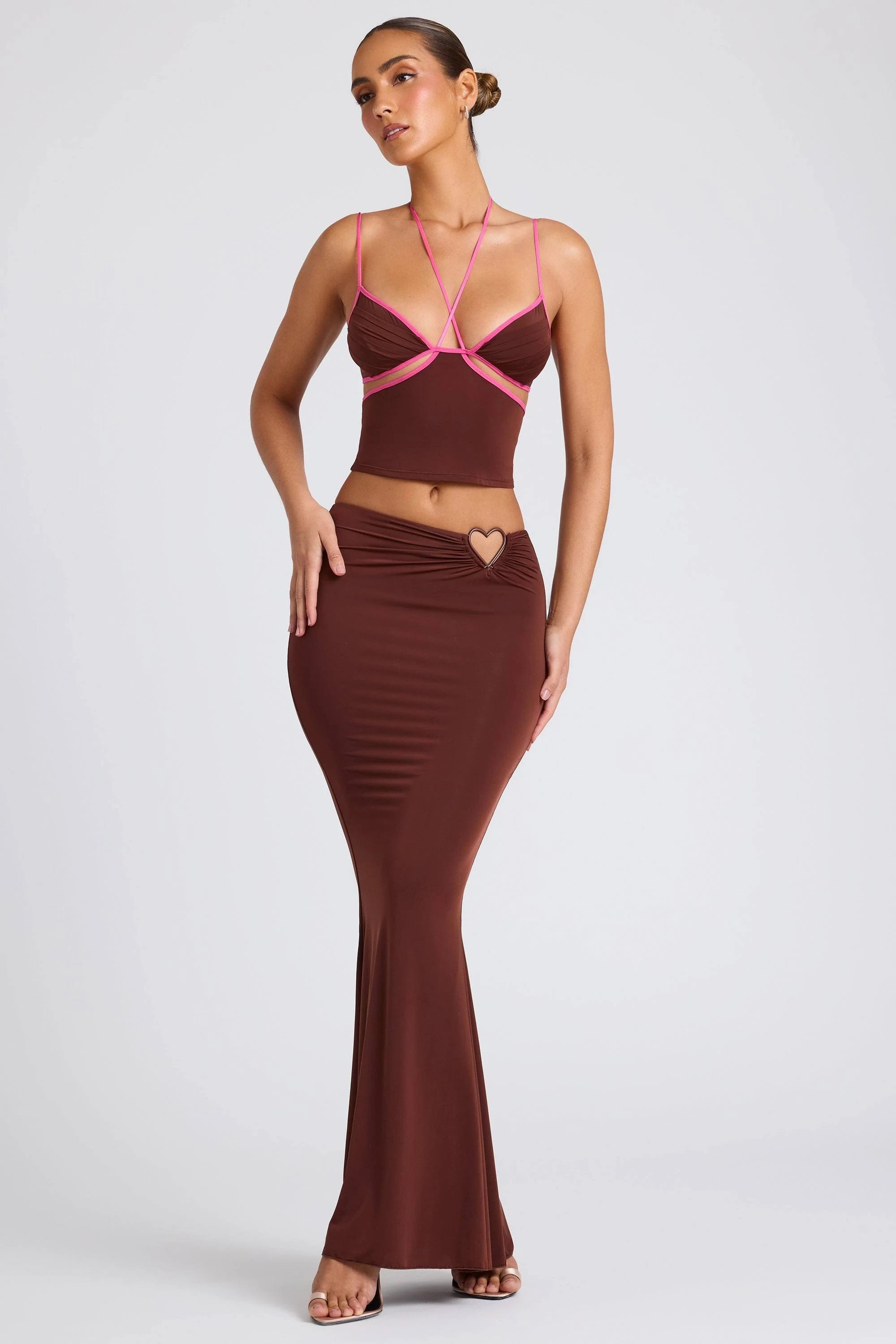 Elegant chocolate brown mid-rise maxi skirt | Image