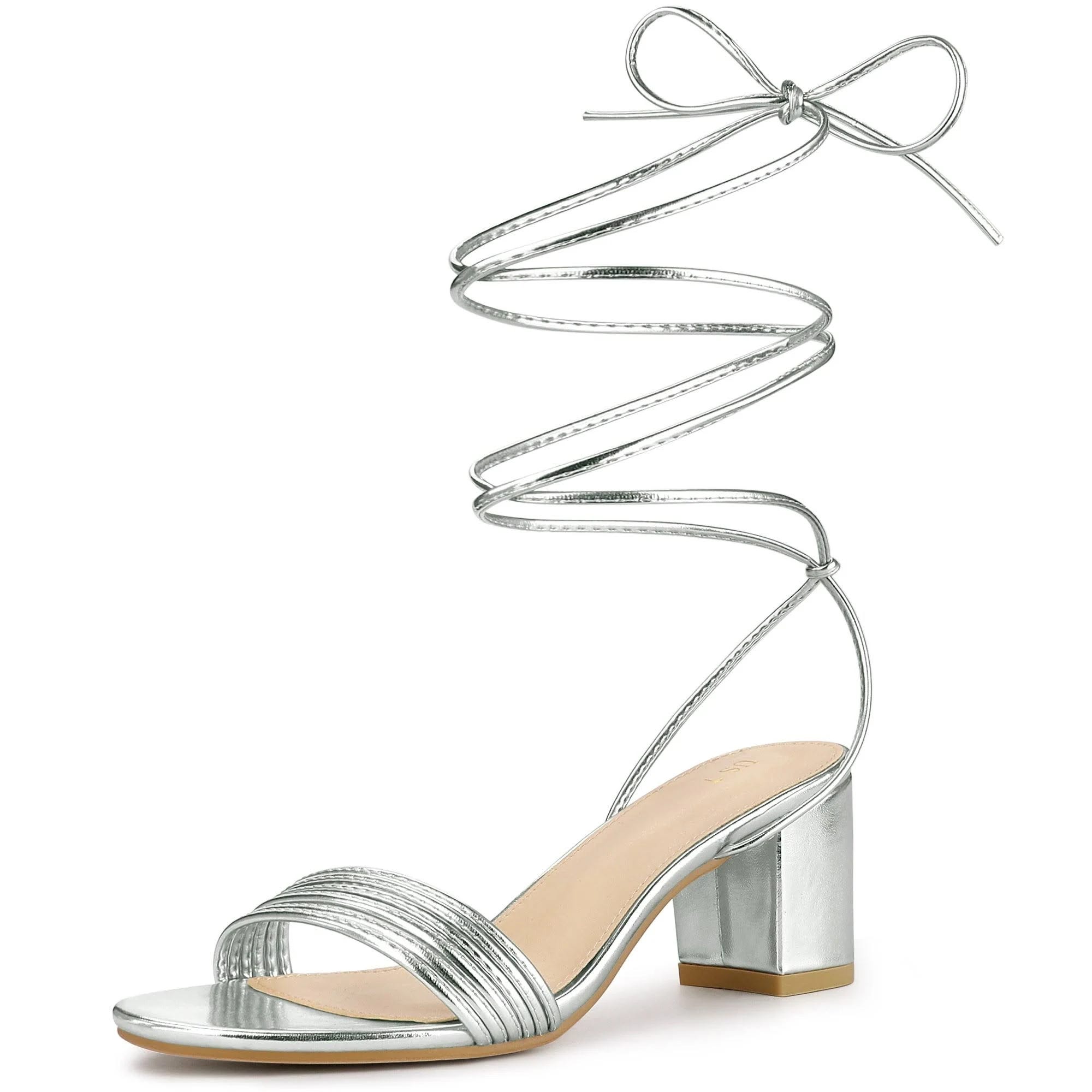 Silver Sparkly Lace-Up Strappy Heels with Adjustable Straps | Image